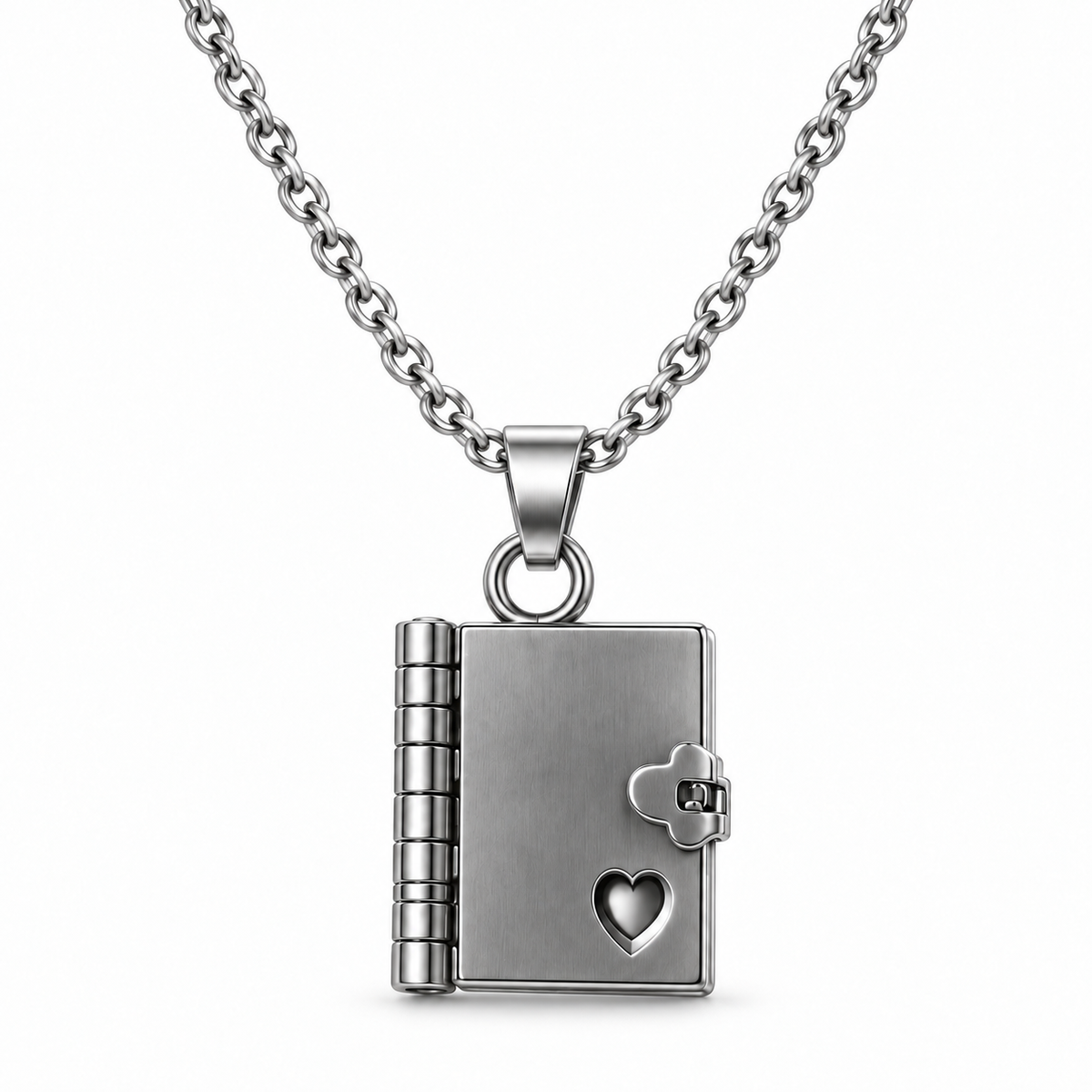 Blank stainless steel mini book pendant necklace on white background