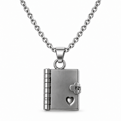 Blank stainless steel mini book pendant necklace on white background