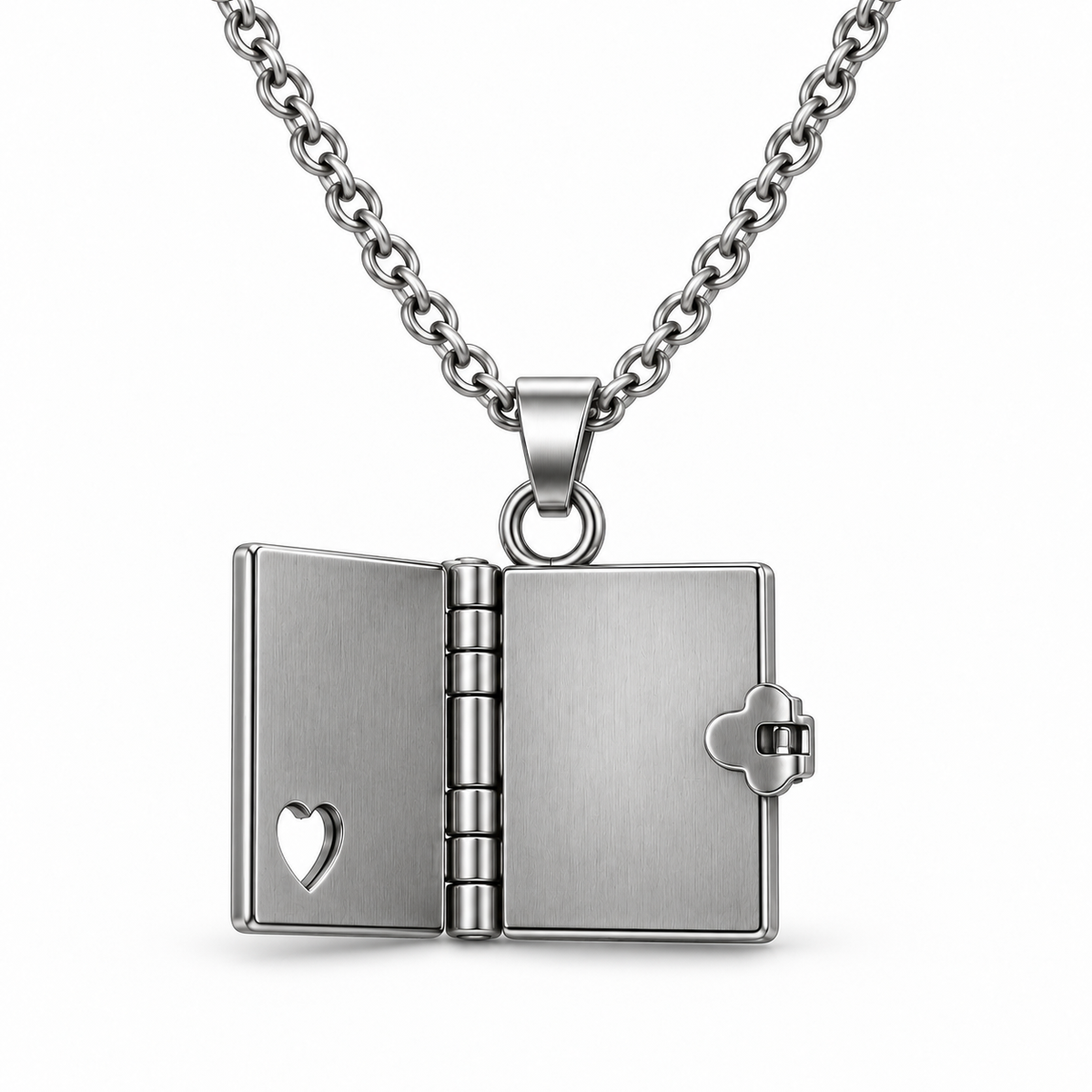 Open mini book pendant showing two blank stainless steel inside pages